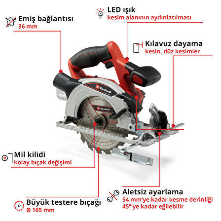 Einhell Akülü Daire Testere TE-CS 18/165-1 Li-Solo Power X-Change (18 V, Li-Ion, Ø165 x Ø20 mm Testere Bıçağı, Aletsiz Kesim Derinliği ve Açı Ayarı, Akü ve Şarj Cihazı Dahil Değildir)