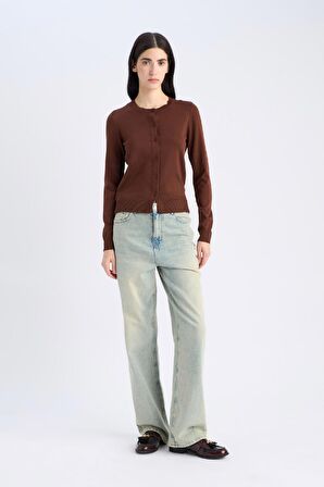 Regular Fit Bisiklet Yaka Basic Düz Triko Hırka