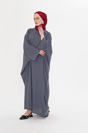 Antrasit Yarasa Kol Oversize Medine İpeği Arkası Düğmeli Düz Elbise 4001_25