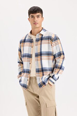 DeFacto Regular Fit Polo Yaka Kareli Flanel Uzun Kollu Gömlek D5835AX24AUER140