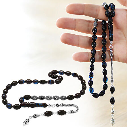 925 Ayar Gümüş Püsküllü Arpa Kesim Gümüş İsim Yazılı Mavi-Siyah Sıkma Kehribar Tesbih