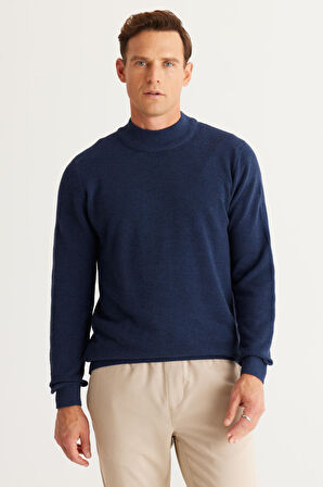 Erkek İndigo Recycle Standart Fit Normal Kesim Yarım Balıkçı Yaka Pamuklu Jakarlı Triko Kazak