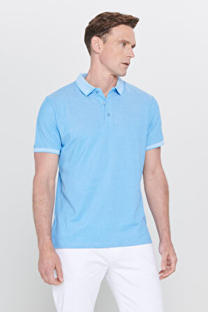 Erkek Çekmeyen Pamuklu Kumaş Slim Fit Dar Kesim Saks-Beyaz Kıvrılmaz Polo Yaka Tişört