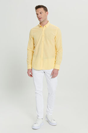 Erkek Sarı Tailored Slim Fit Dar Kesim Oxford Düğmeli Yaka Keten Görünümlü %100 Pamuk Flamlı Gömlek