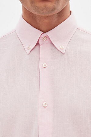 Ds Damat Comfort Pembe Düğmeli Yaka Rahat Kesim Keten Görünümlü %100 Pamuk Gömlek 2HC02ORT64265