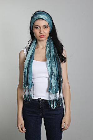 Mavi ve Turkuaz Renk Şal İpekli Polyester Şal Fular