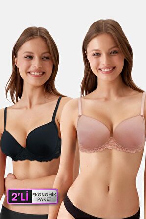2'li Ekonomik Paket Siyah-Pink Nude 6807 Kansas Dantelli Micro Saten Sütyen Set (D Cup Seçeneğiyle)
