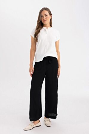 DeFacto 	Culotte Esnek Belli Geniş Paça Kuşaklı Krinkıl Viskon Kapri Pantolo C9565AX24SMBK81