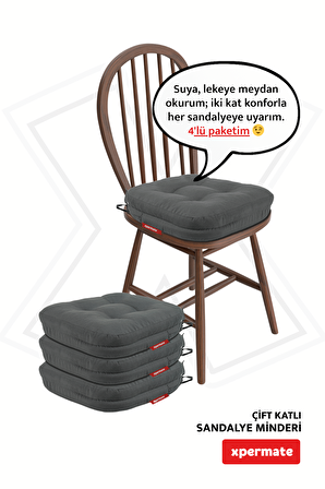XPERMATE 4'lü Çift Kat Sandalye Minderi Fermuarlı Yıkanabilir Kılıf Bağcıklı Su ve Yağ İtici 42x42x8 Antrasit