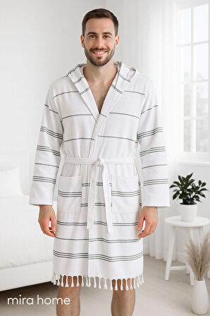 Kapşonlu Unisex Beyaz Çizgili Banyo Deniz Plaj Peştemal Bornozu %100 Pamuklu