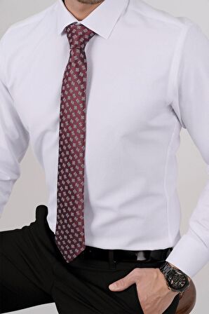 Gömlek Kravat Seti ( sunda Bordo Kare Desenli Kravat & Beyaz Armür Desenli Slimfit Gömlek)
