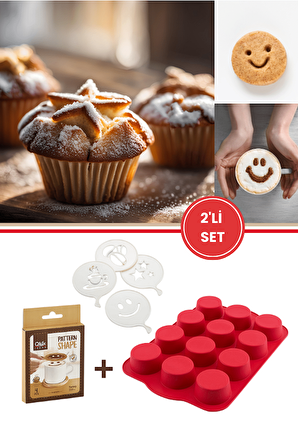 12'li Silindir Muffin Kek Kalıbı ve Pasta Süsleme Şablonu, Kahve, Tatlı Şekillendirici Süsleme Aparatı İkili Set