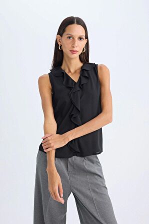 DeFacto Regular Fit V Yaka Şifon Kolsuz Bluz D3128AX24HSBK81