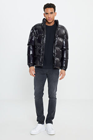 Erkek Siyah Standart Fit Normal Kesim Dik Yaka Mont