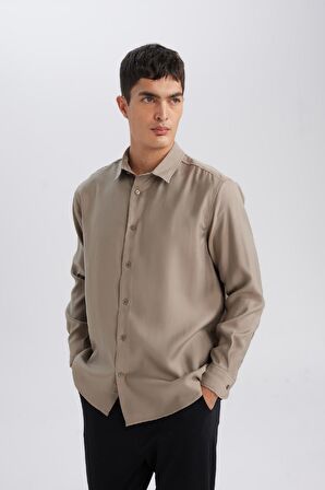 DeFacto Relax Fit Polo Yaka Twill Modal Karışımlı Basic Düz Uzun Kollu Gömlek D3376AX24AUKH466