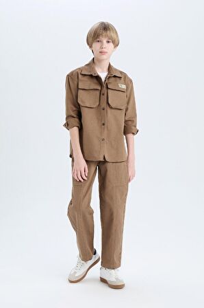 Erkek Çocuk Oversize Geniş Kalıp Polo Yaka Gabardin Uzun Kollu Gömlek