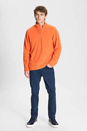 Erkek Turuncu Anti-pilling Tüylenme Yapmayan Standart Fit Bato Yaka Soğuk Geçirmez Polar Sweatshirt