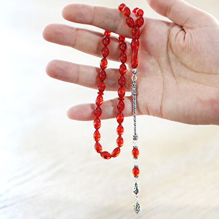 925 Ayar Gümüş Püsküllü Arpa Kesim Kırmızı Ateş Kehribar Tesbih