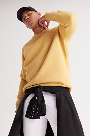 Erkek Hardal Standart Fit Normal Kesim Içi Polarlı 3 Iplik Bisiklet Yaka Pamuklu Sweatshirt