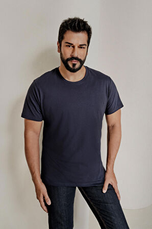 Erkek Lacivert Slim Fit Dar Kesim Bisiklet Yaka %100 Pamuk 2'li Tişört Paketi