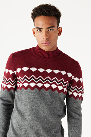 Erkek Bordo Antrasıt Standart Fit Normal Kesim Yarım Balıkçı Yaka Jakarlı Yumuşak Dokulu Triko Kazak