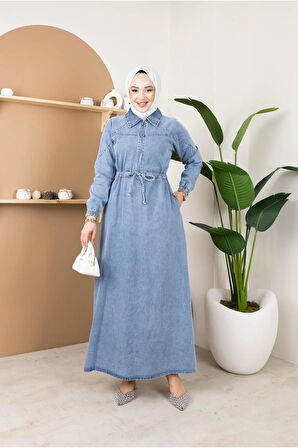 Kadın Belden Bağcıklı Fermuar Detaylı Kot Elbise