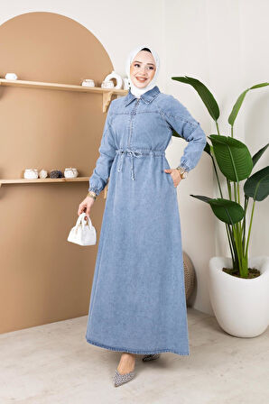 Kadın Belden Bağcıklı Fermuar Detaylı Kot Elbise