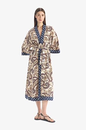 DeFacto Regular Fit Kuşaklı Etnik Desenli Pamuklu Kimono-Fall in Love D0456AX25SPNV247