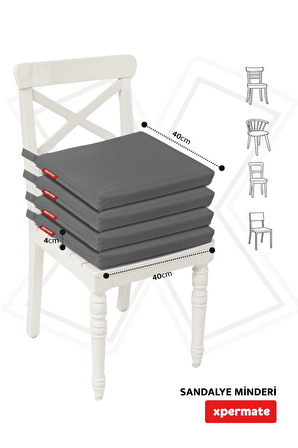 Xpermate Fermuarlı 4'lü Sandalye Minderi Su İtici Kumaş 40x40Cm Sünger Sandalye Minderi Bağcıklı Antrasit