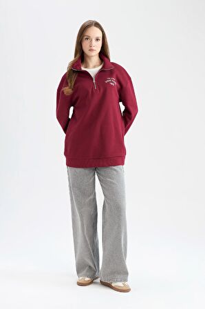 Regular Fit Fermuarlı Dik Yaka Baskılı İçi Yumuşak Tüylü Kalın Kumaş Sweatshirt Tunik