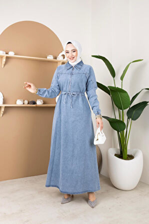 Kadın Belden Bağcıklı Fermuar Detaylı Kot Elbise