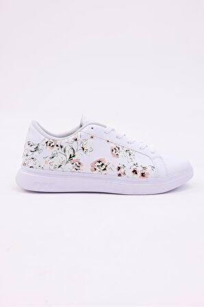 Dijital Baskı Kadın Beyaz - Çiçek Desenli Ayakkabı