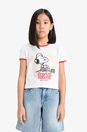 Kız Çocuk Snoopy Crop Bisiklet Yaka Kaşkorse Kısa Kollu Tişört