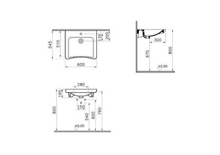 VitrA S20 5289B003-0001 Özel İhtiyaç Lavabosu, 60 cm, Beyaz