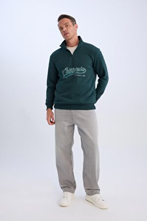 DeFacto Relax Fit Dik Yaka Fermuarlı Baskılı Kalın Sweatshirt D2167AX24AUGN852