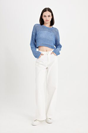 DeFacto Regular Fit Bisiklet Yaka Kroşe Ajurlu Delikli Crop Triko Kazak T4513AZ24AUBE113