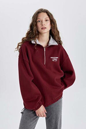 DeFacto Oversize Geniş Kalıp Yarım Fermuarlı Nakışlı Kalın Sweatshirt C4581AX24SMBR248