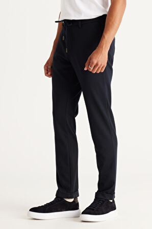 Erkek Lacivert Slim Fit Dar Kesim Yan Cepli Beli Lastikli Bağlamalı Pantolon
