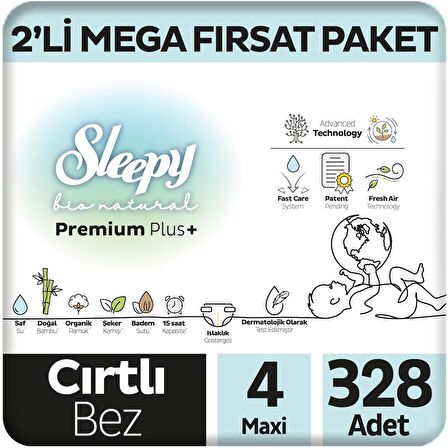 Sleepy Bio Natural Premium Plus 2'li Mega Fırsat Paketi Bebek Bezi 4 Numara Maxi 328 Adet