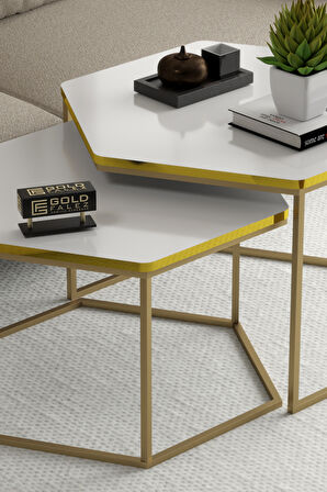 Orta Sehpa Altıgen İkili Lüx Gold Beyaz