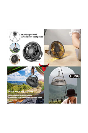Vothoon Vantilatör Masa üstü Fan Tripodlu Işıklı Kamp Fanı Askılı Çok Fonksiyonlu Outdoor Soğutucu Siyah