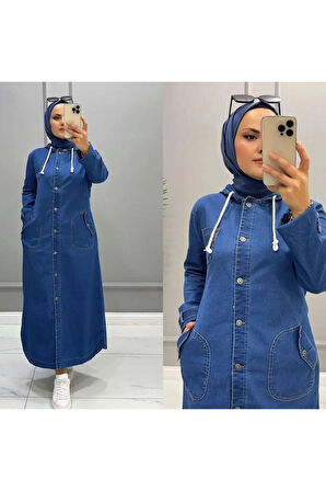 Kadın Kapüşonlu Düğmeli Denim Kot Kap