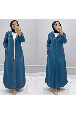 Kadın Kapüşonlu Düğmeli Denim Kot Kap