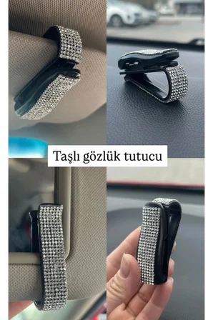Araç İçi Gözlük ve Kart Tutucu 2 Adet Kristal Taşlı Işıltılı Klipsli Güneşlik Organizer