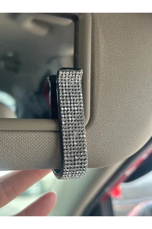 Araç İçi Gözlük ve Kart Tutucu 2 Adet Kristal Taşlı Işıltılı Klipsli Güneşlik Organizer