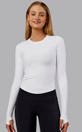 Beyaz Bisiklet Yaka Uzun Kol Body DARKALIP Cotton Ribana Kumaş Parmak Geçmeli  Jimnastik Spor Body