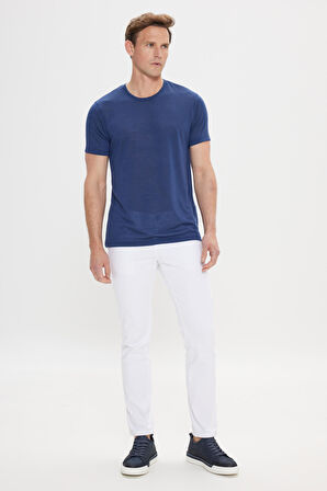 Erkek Lacivert Slim Fit Dar Kesim Bisiklet Yaka Kısa Kollu Keten Görünümlü Tişört