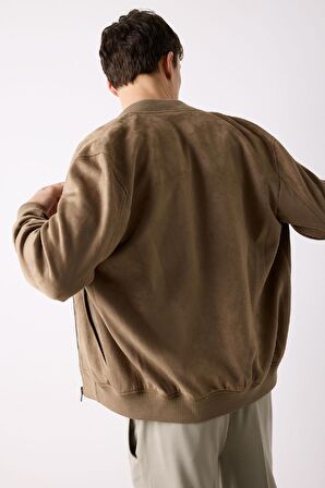 Slim Fit Süet Bomber Mont Ceket Dar Kesim Kolej Yaka Fermuarlı Çift Cepli Mevsimlik Hafif 