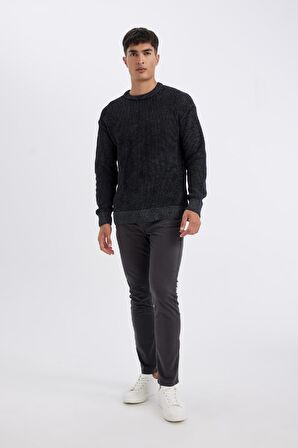 DeFacto %100 Pamuk Relax Fit Bisiklet Yaka Dokulu Triko Kazak D2061AX24AUAR4