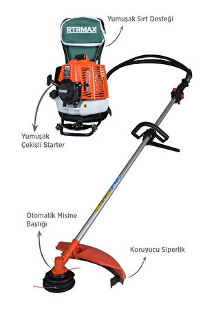 RTM9640 Benzinli Sırt Tipi Tırpan 63Cc 3.0Hp (Tırpan Bıçağı,Misina Başlığı,Tırpan Testeresi Hediye)